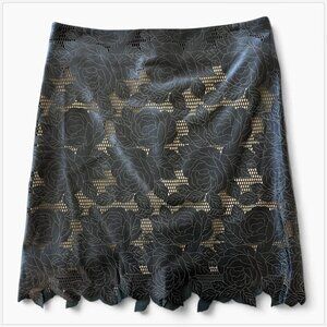 The Wrights Black Laser Cut Floral Flower Lace Look 100% Leather Skirt 10